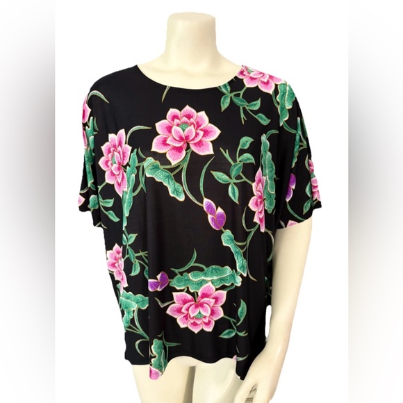 Natori Tops - Natori Womens M Black Pink Floral Batwing Kimono Sleeve Oversized Blouse Top
